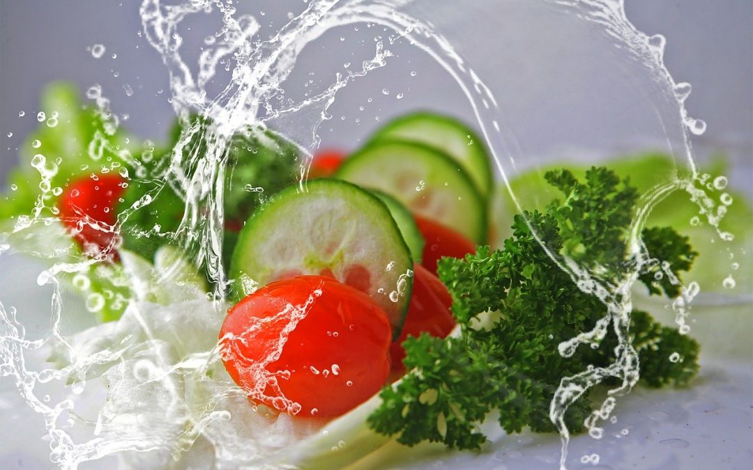 Symbolbild fuer gesunde Ernaehrung frische Tomaten Gurken und Petersilie mit frischem Wasser